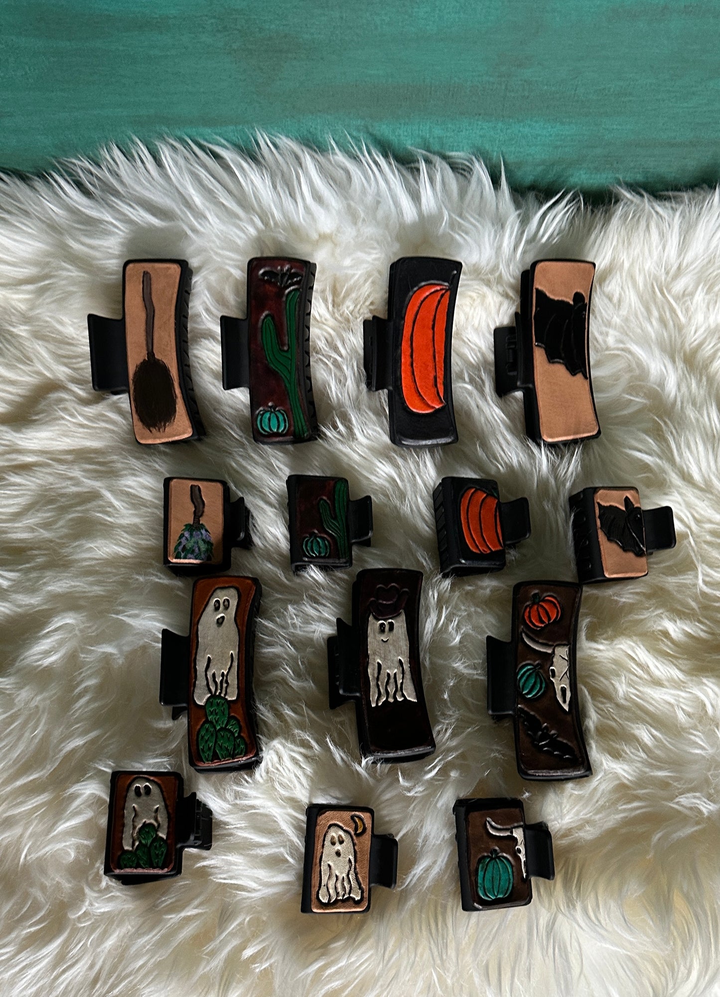 Halloween Tooled Leather Hair Clips