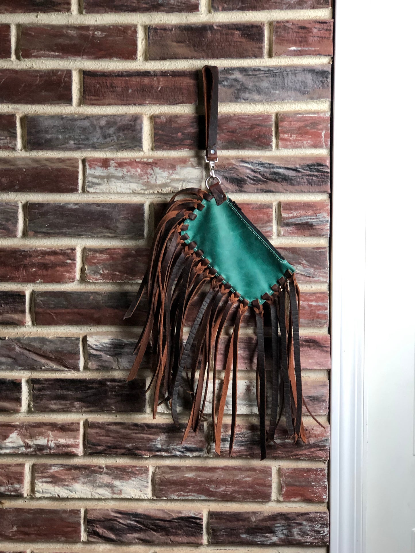 Turquoise Wristlet with Brown Buffalo Fringe