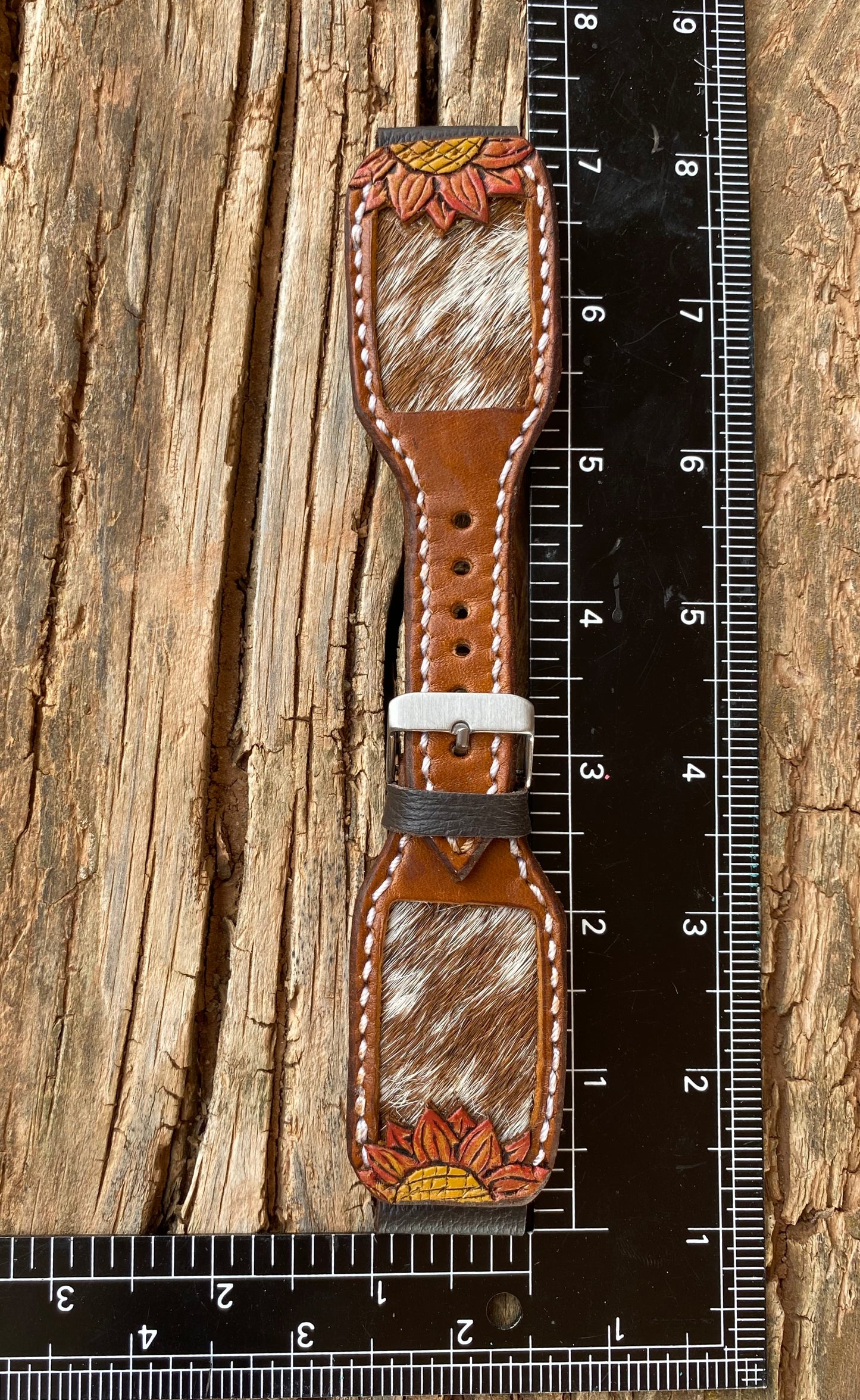 Red and Yellow Tooled Sunflower with Red and White Cowhide Inlay