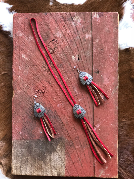 Red and Light brown Earring and Necklace Set