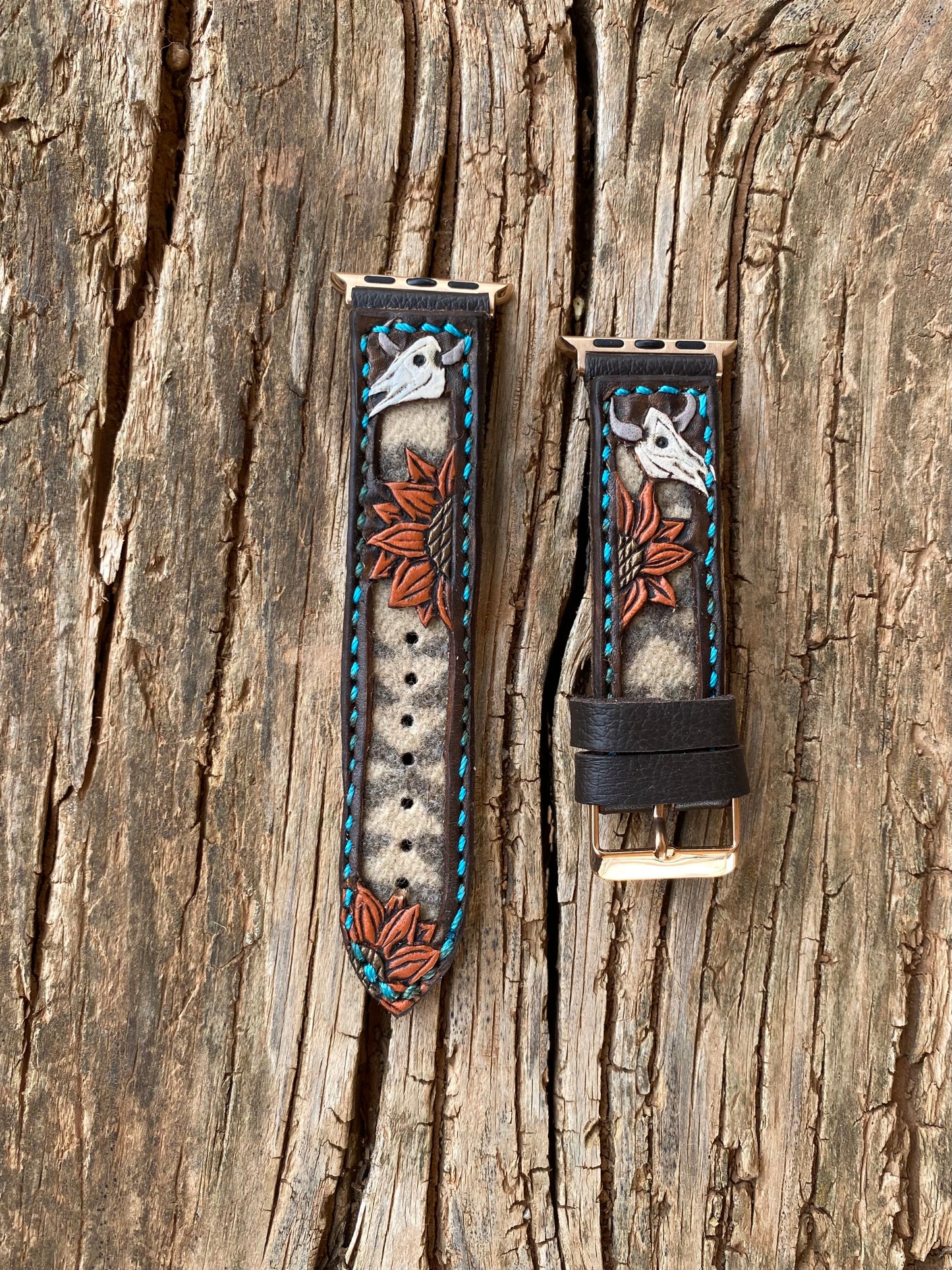 Orange Sunflowers and Tooled Skulls 38/40mm Apple Watchband with Pendleton Inlay