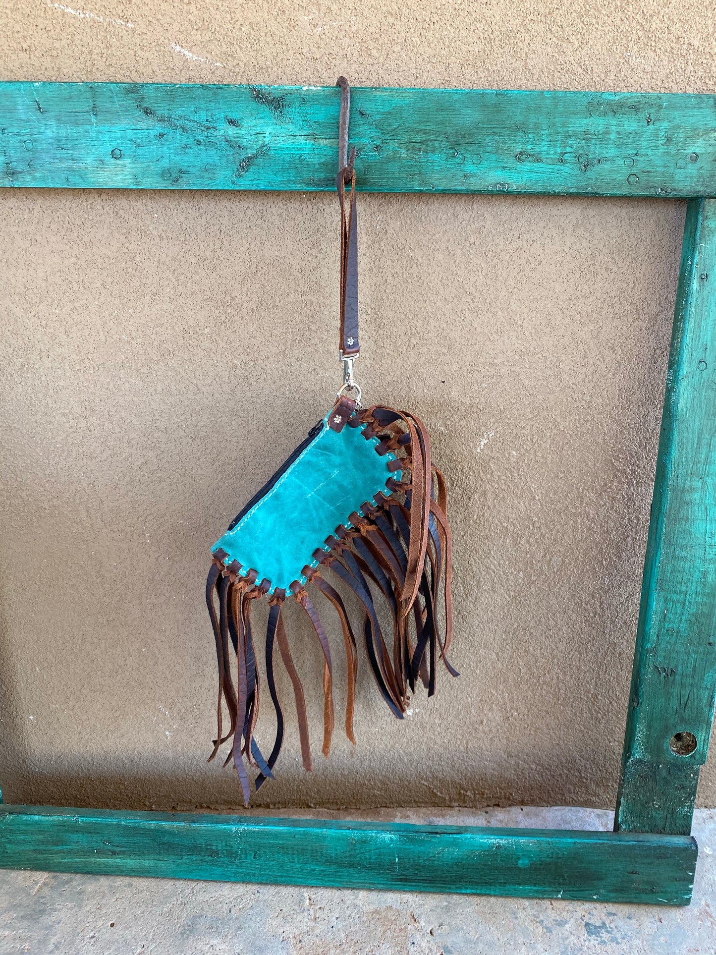 Turquoise Wristlet with Brown Buffalo Fringe