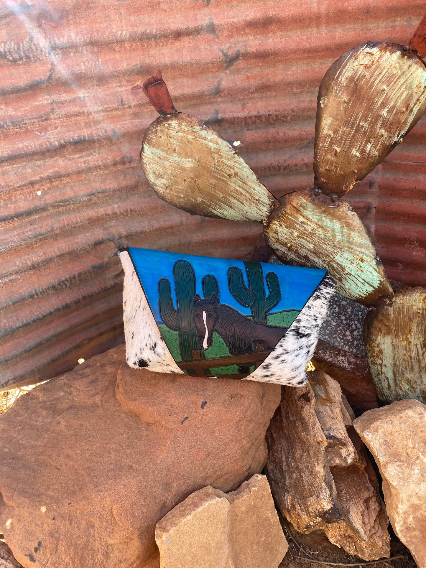 Cowhide Wipe Cover with Black Horse and Cacti Tooled Flap