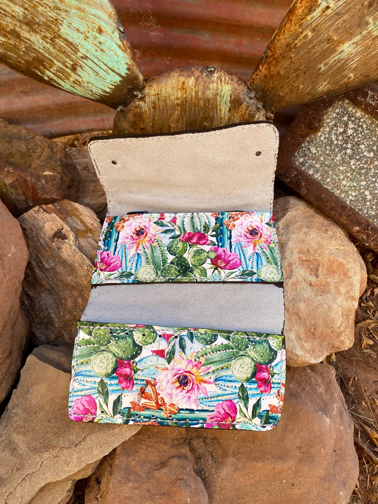 Brindle Cowhide and Cactus Blossom Trifold Wallet