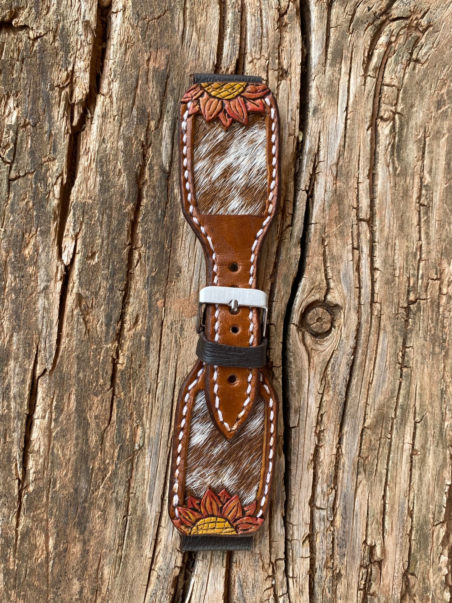 Red and Yellow Tooled Sunflower with Red and White Cowhide Inlay