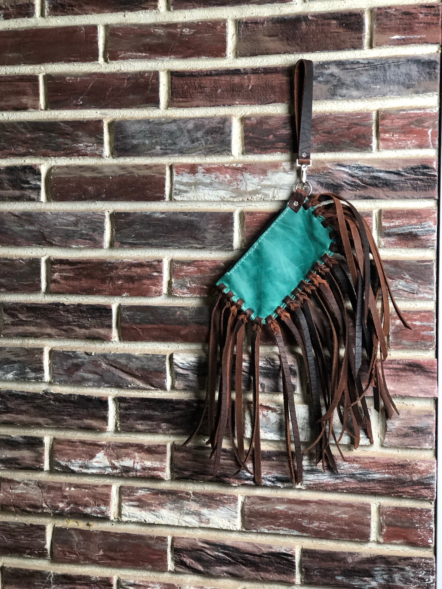 Turquoise Wristlet with Brown Buffalo Fringe
