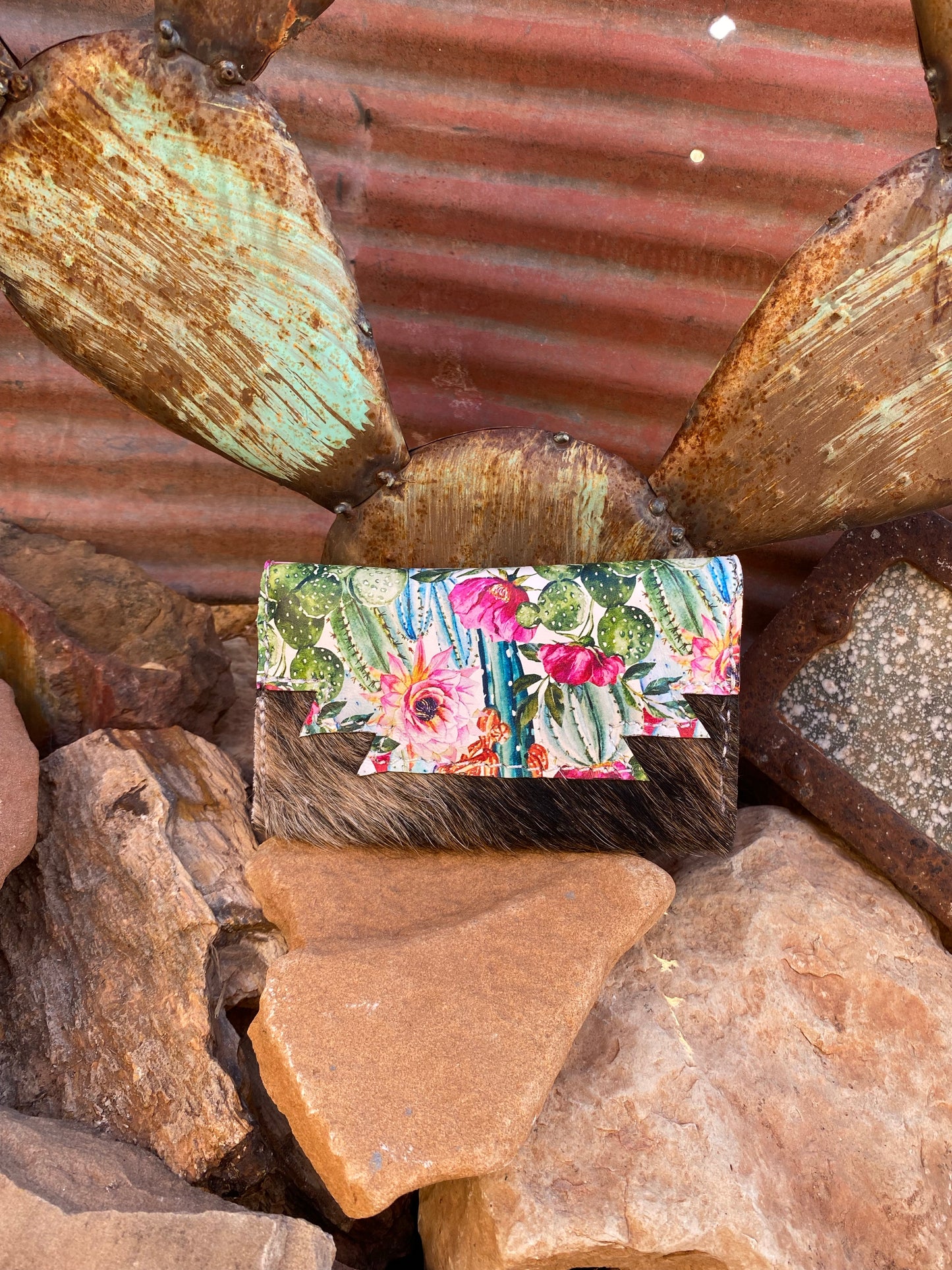 Brindle Cowhide and Cactus Blossom Trifold Wallet
