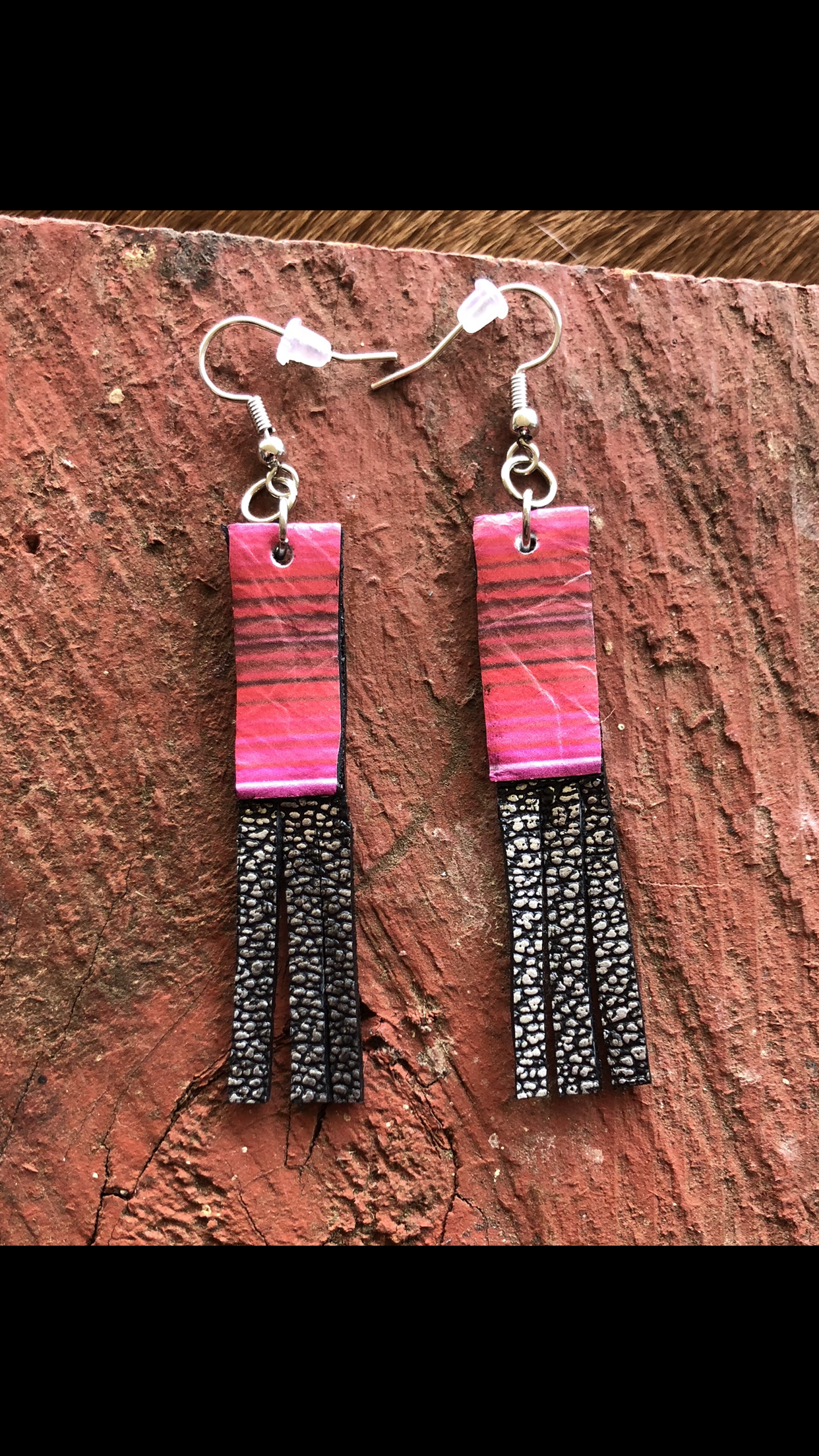 Pink Serape Black Fringe Earrings