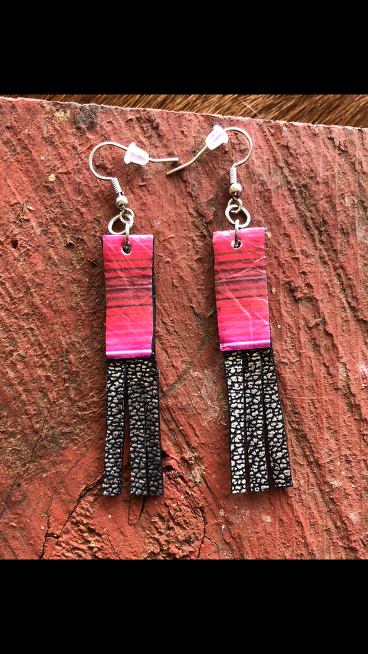 Pink Serape Black Fringe Earrings