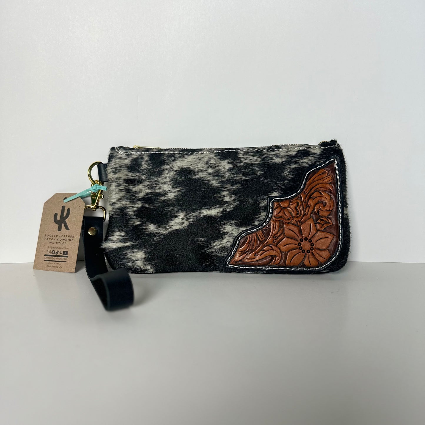 Tooled Leather Patch Cowhide Wristlet