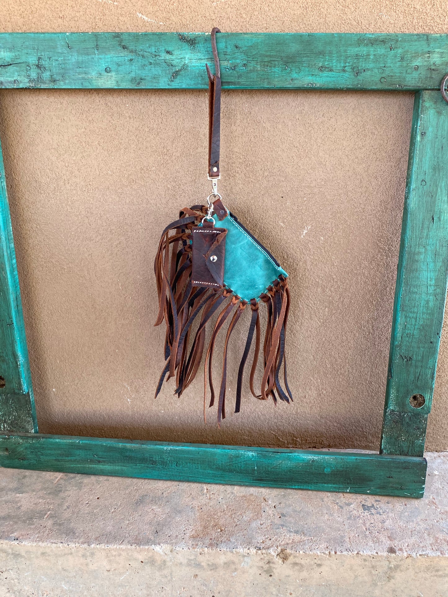 Turquoise Wristlet with Brown Buffalo Fringe