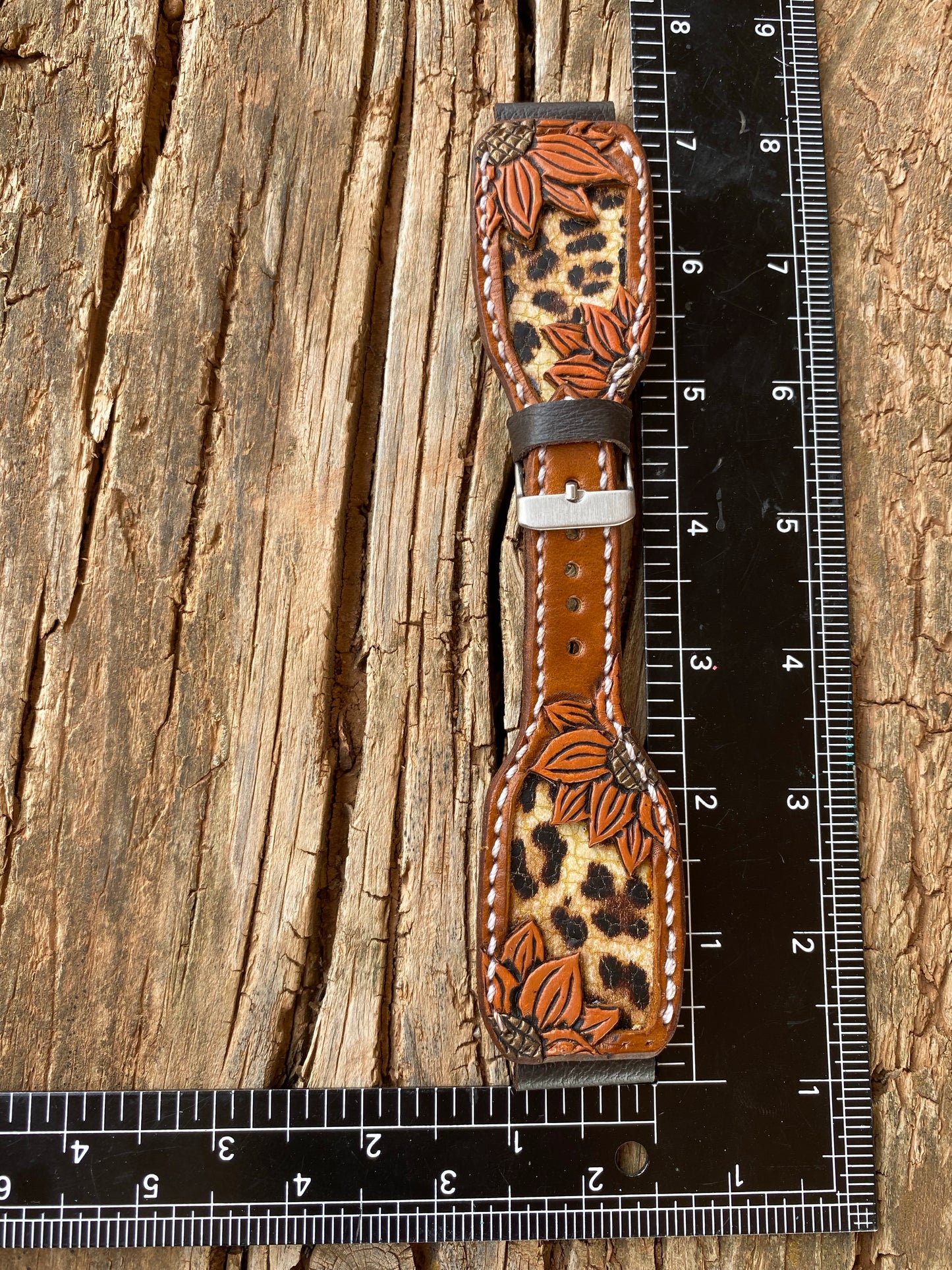 Tooled Orange Sunflower Watchband with leopard Inlay