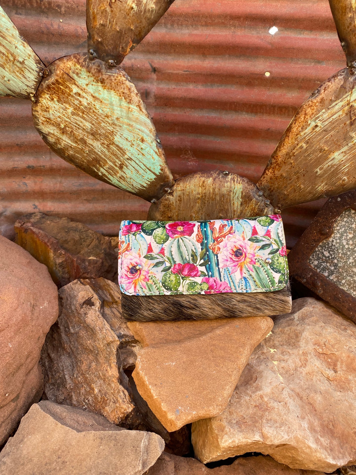 Brindle Cowhide and Cactus Blossom Trifold Wallet