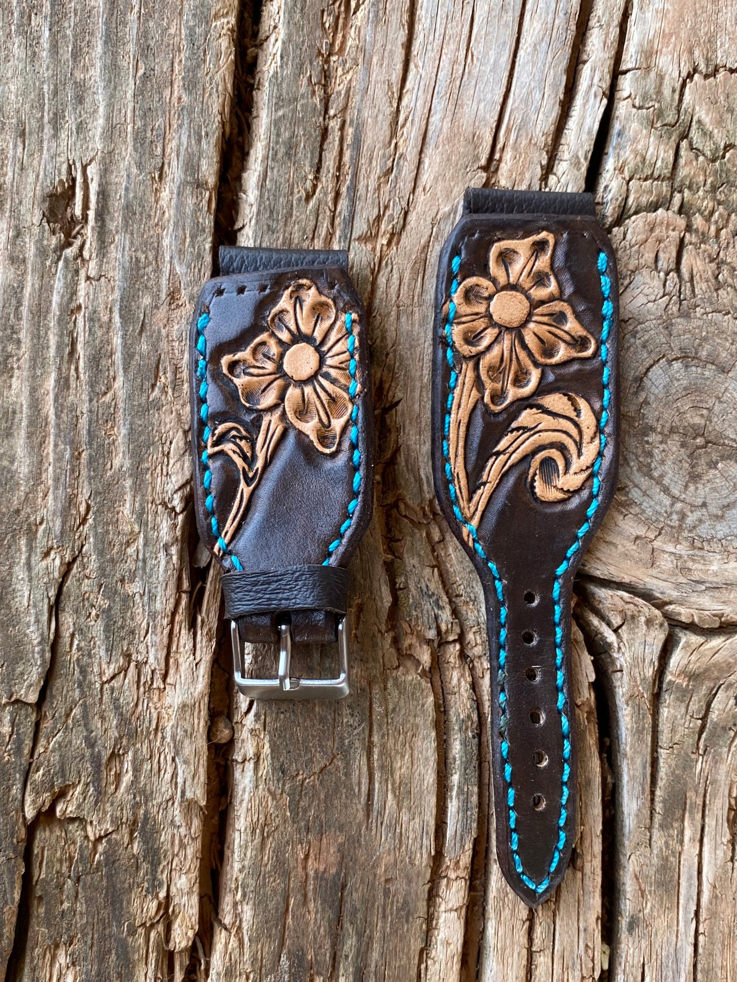 Dark Brown and Natural Tooled Watchband with Turquoise Stitching