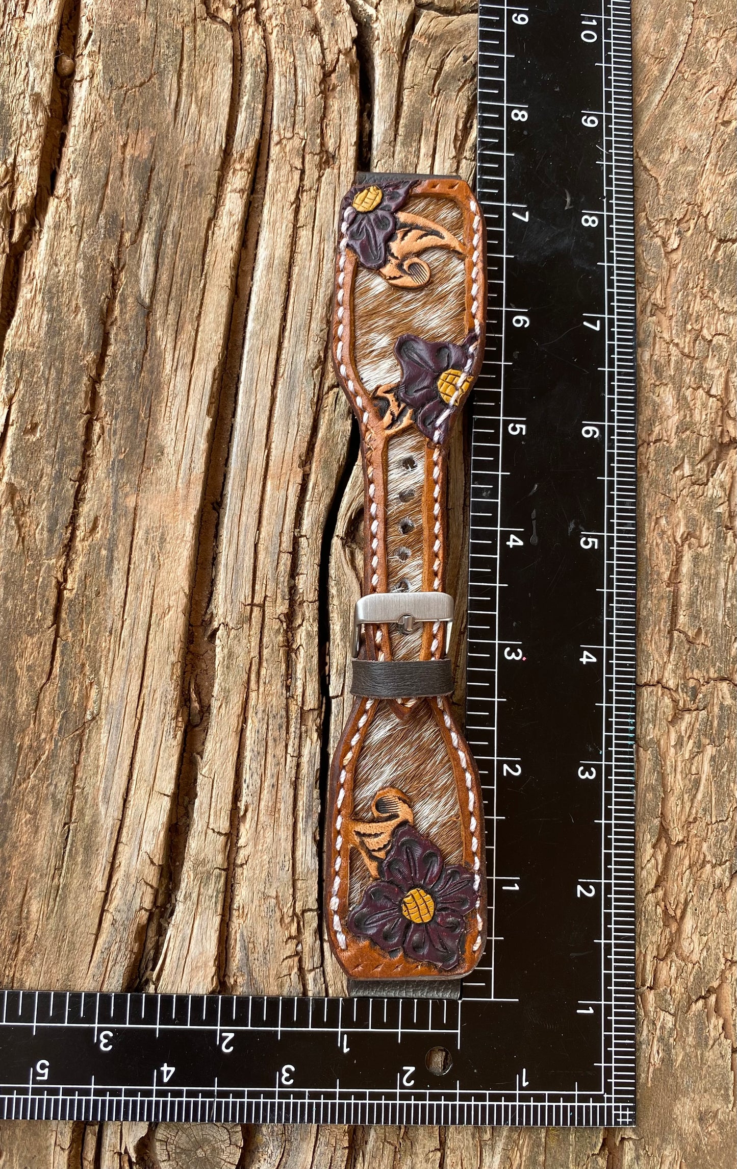 Tooled Watchband with Red and White Cowhide Inlay