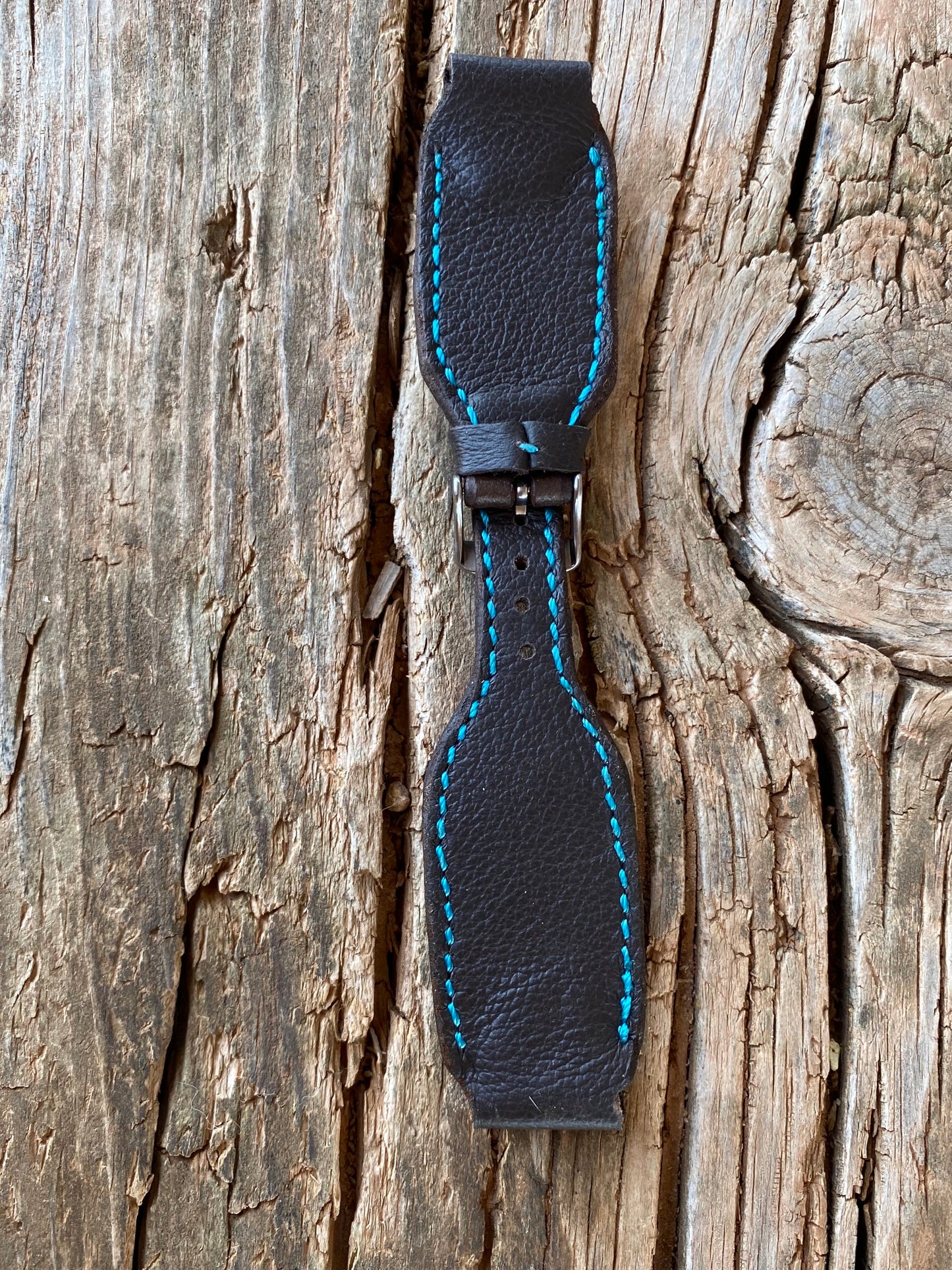 Dark Brown and Natural Tooled Watchband with Turquoise Stitching
