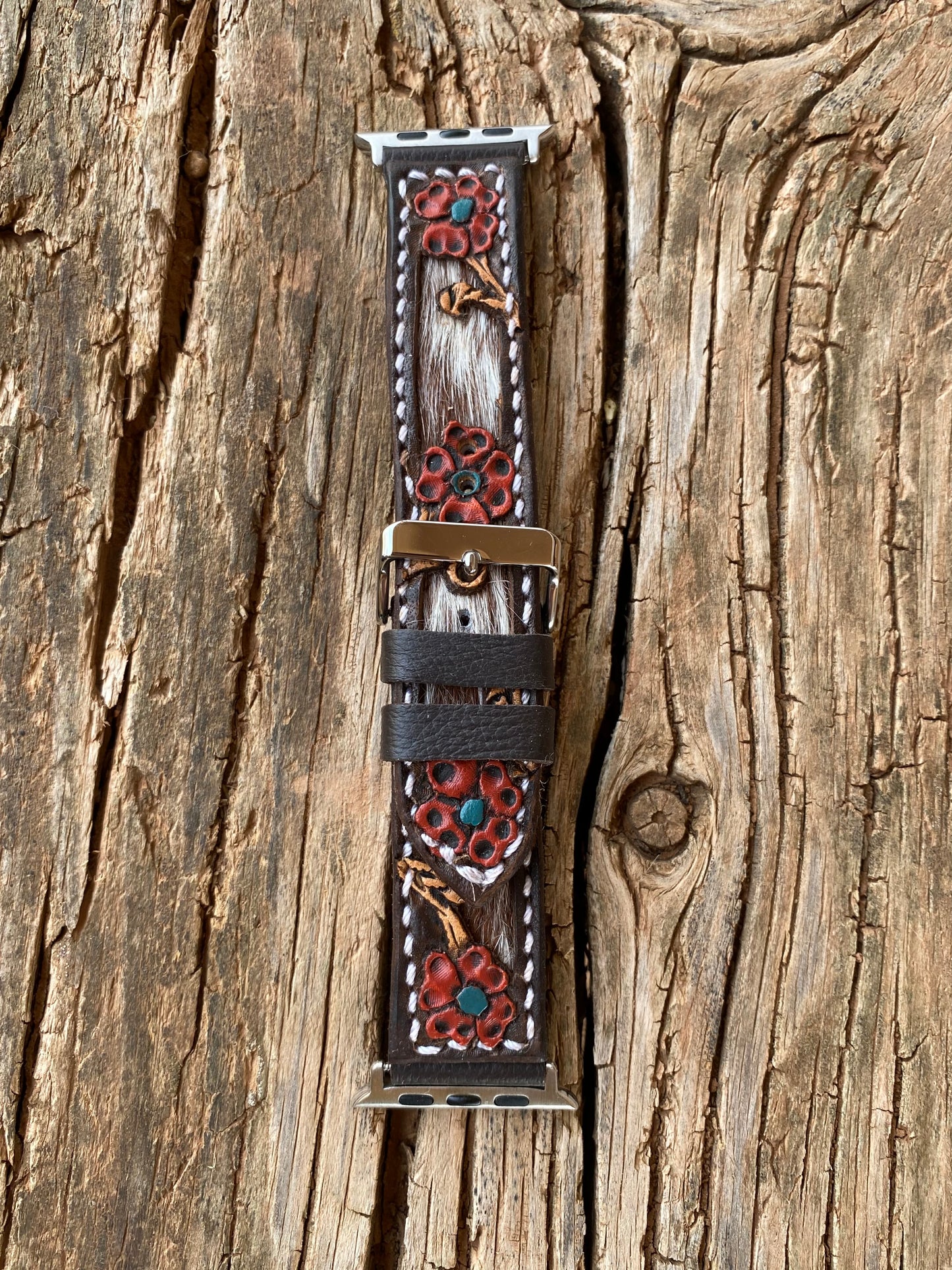 Red and Turquoise Floral Tooled 42/44mm Apple Watchband with Red and White Cowhide Inlay