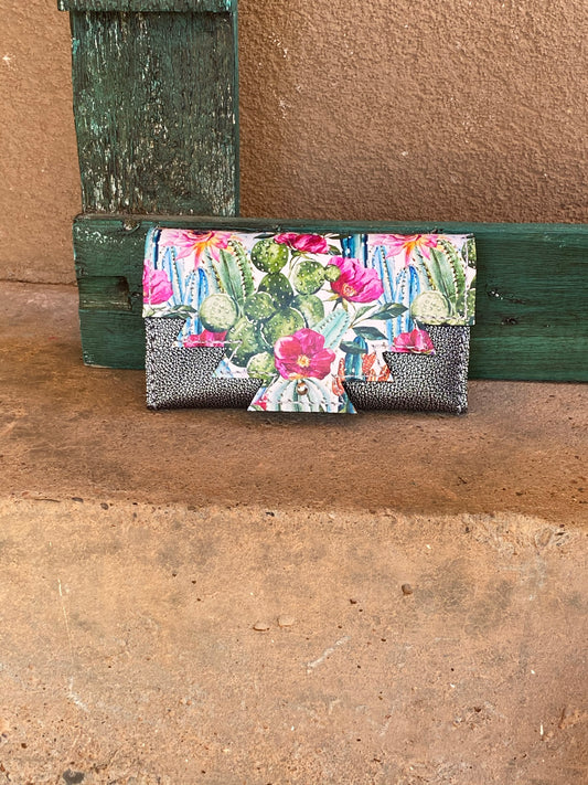 Silver on Black and Cactus Blossom Trifold Wallet