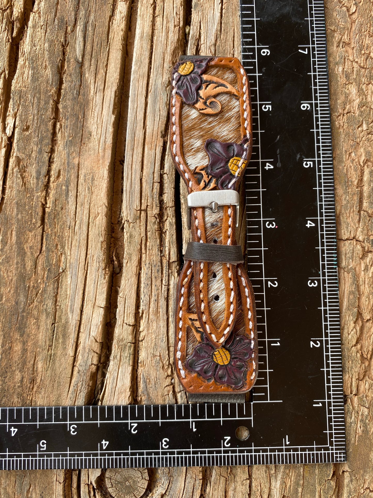 Tooled Watchband with Red and White Cowhide Inlay