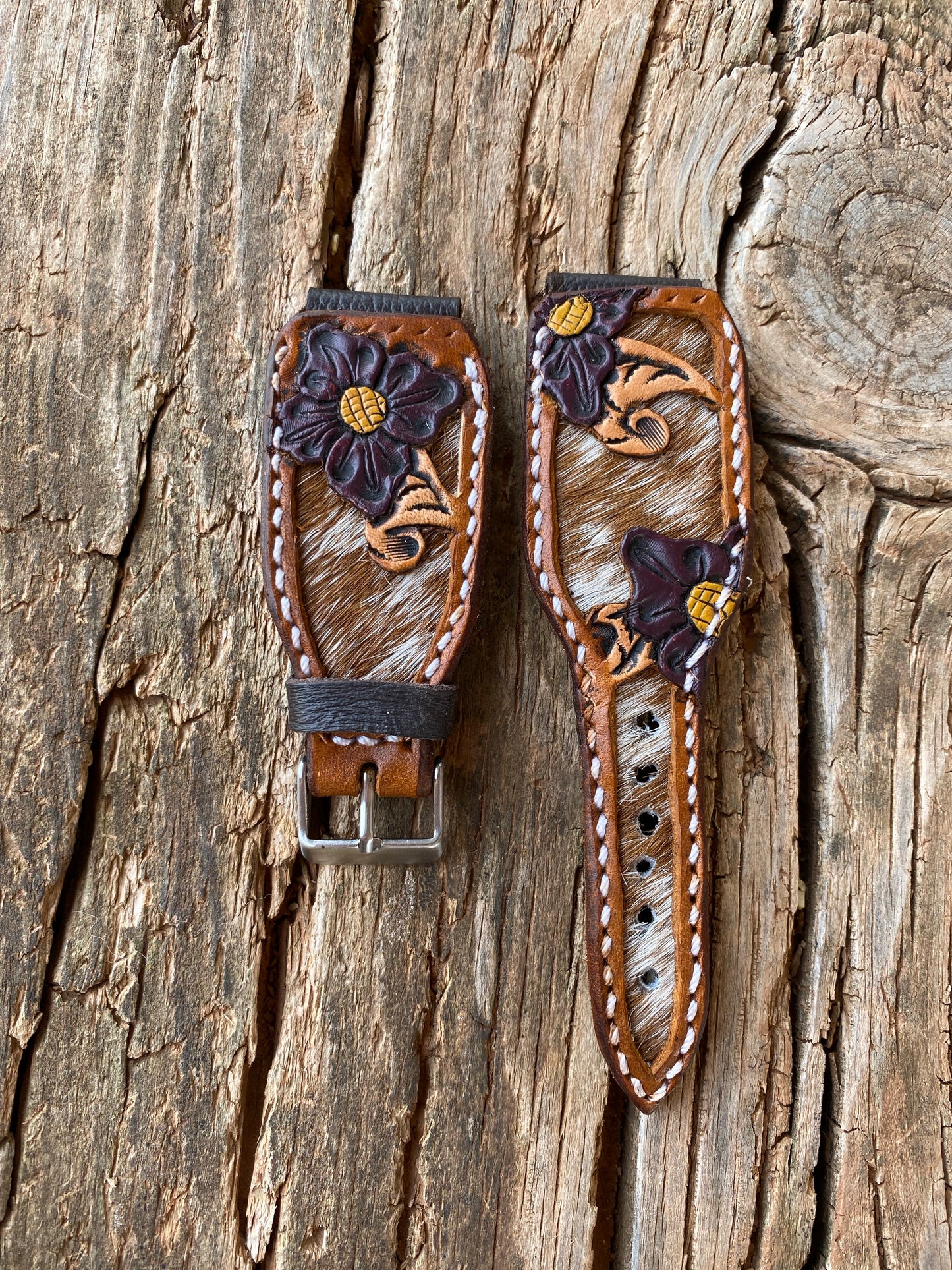 Tooled Watchband with Red and White Cowhide Inlay