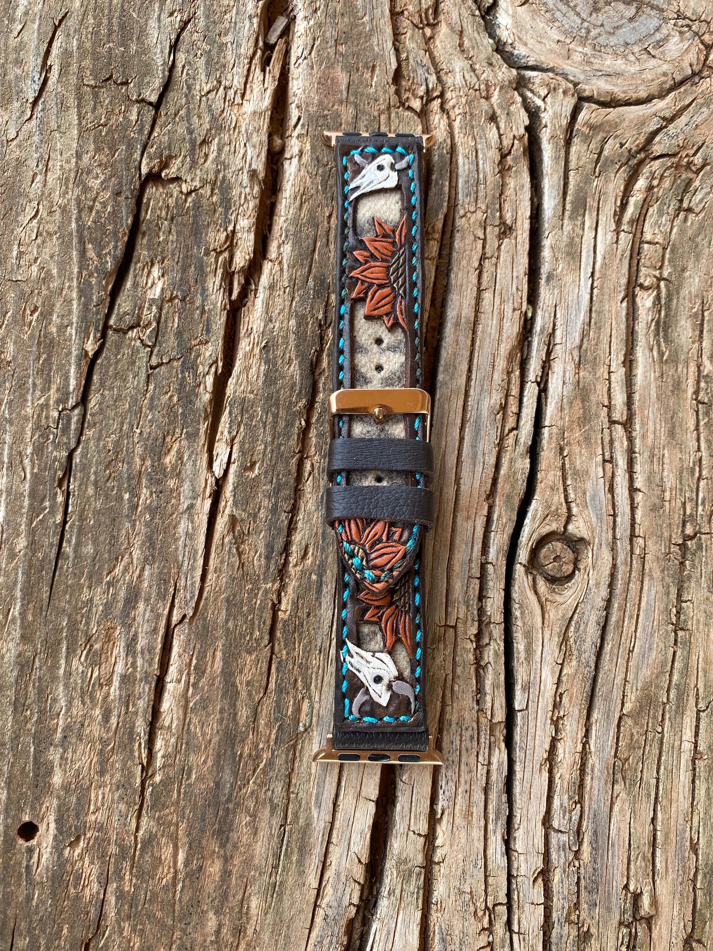 Orange Sunflowers and Tooled Skulls 38/40mm Apple Watchband with Pendleton Inlay