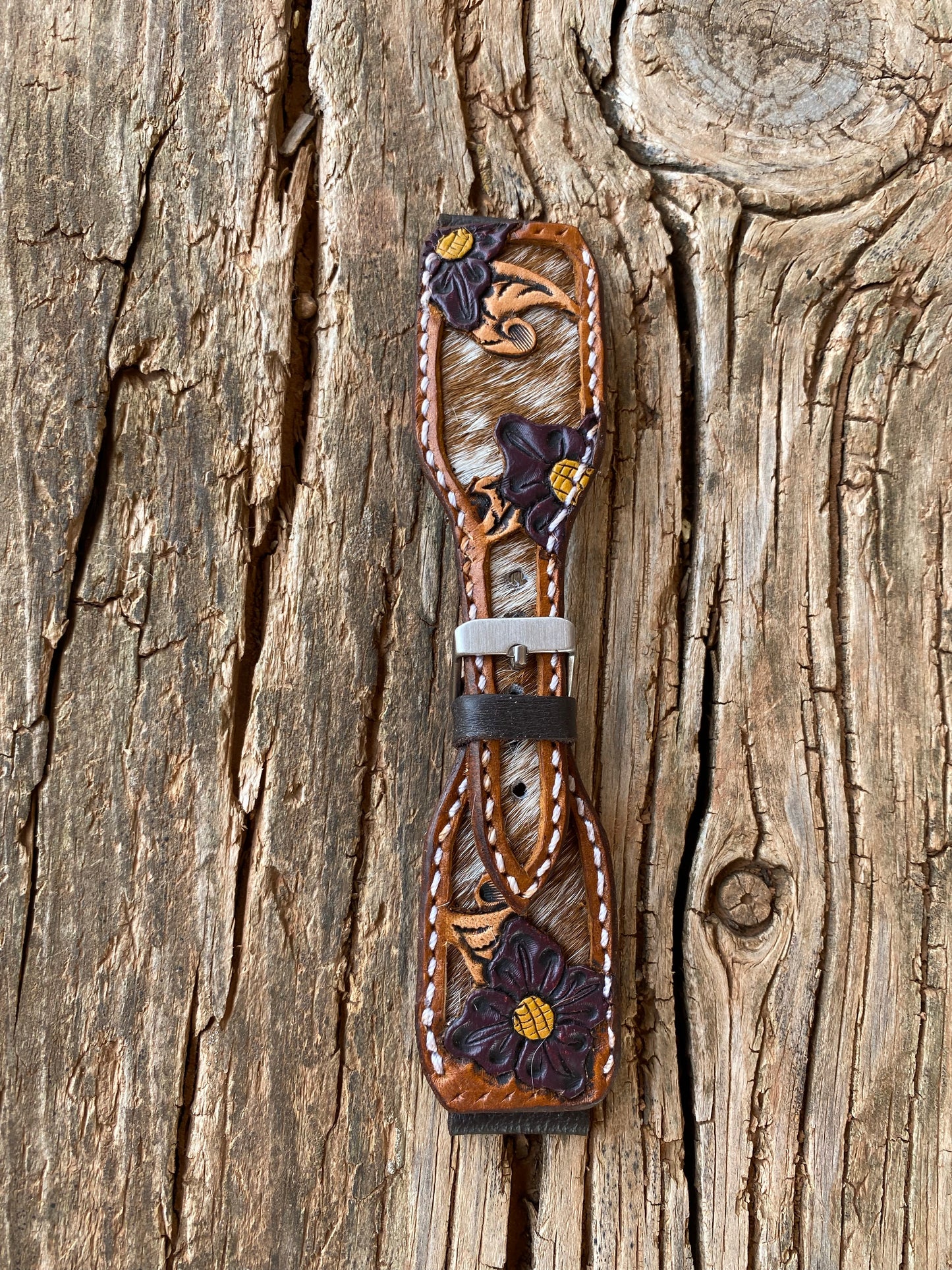 Tooled Watchband with Red and White Cowhide Inlay