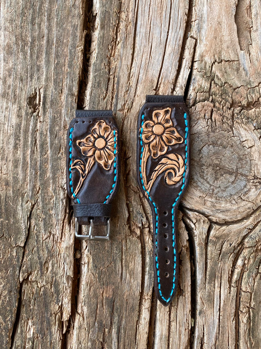 Dark Brown and Natural Tooled Watchband with Turquoise Stitching