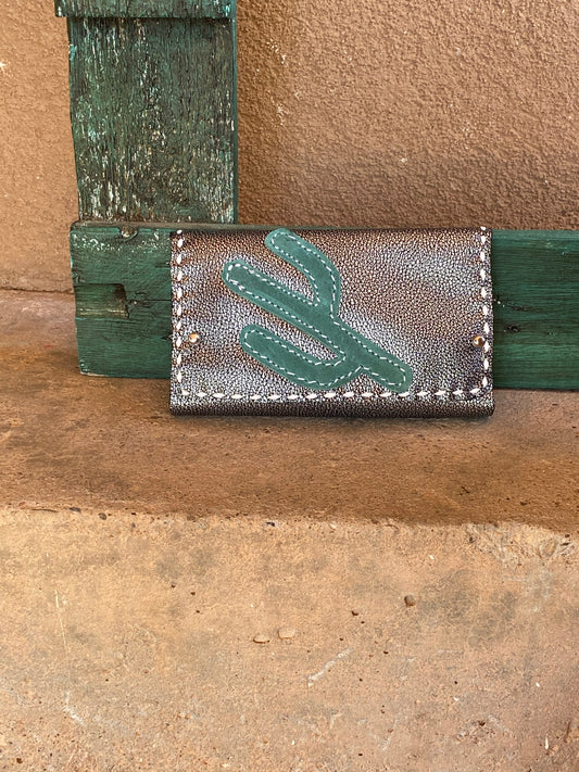 Silver on Black with Cactus Trifold Wallet