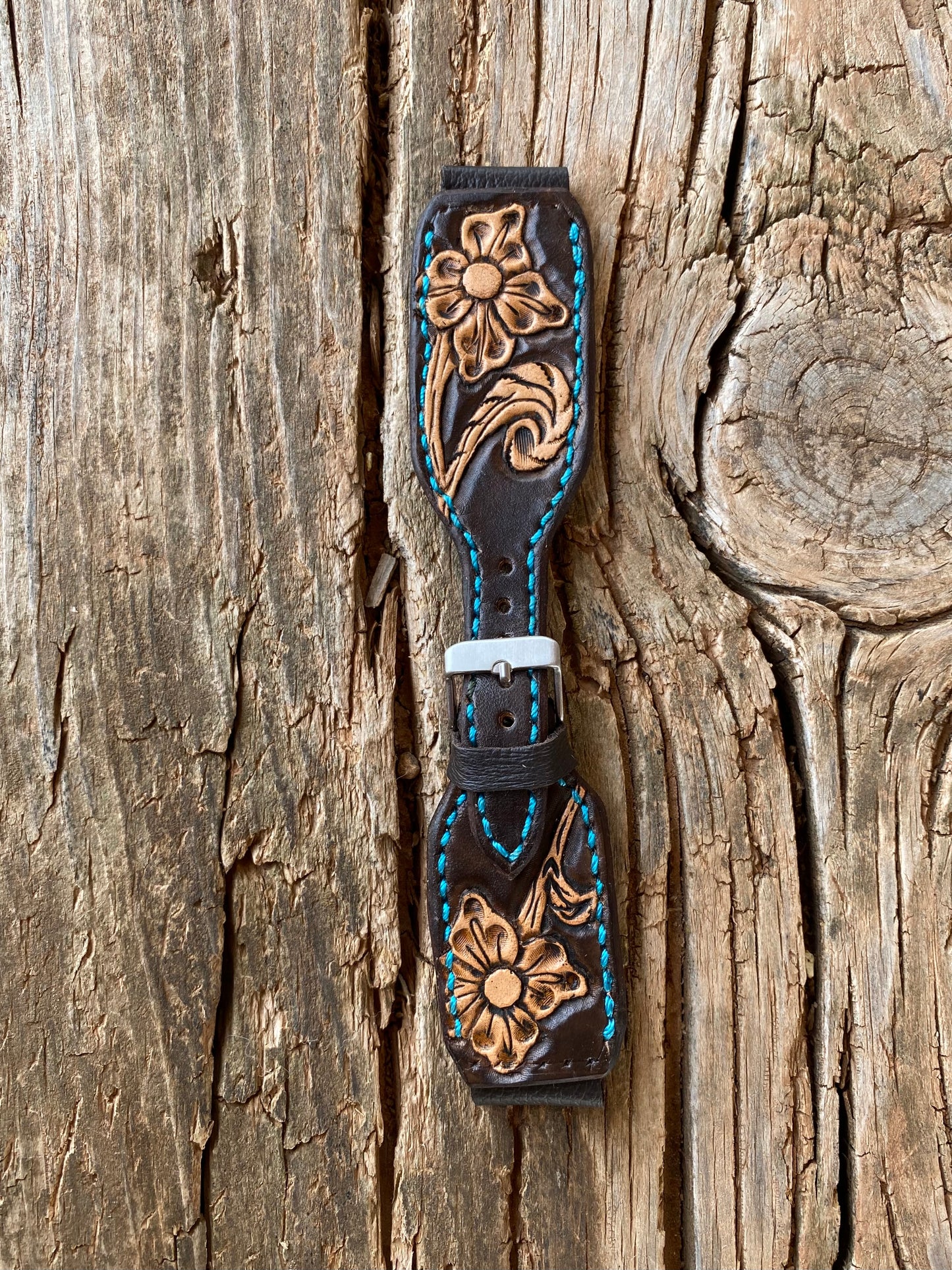 Dark Brown and Natural Tooled Watchband with Turquoise Stitching