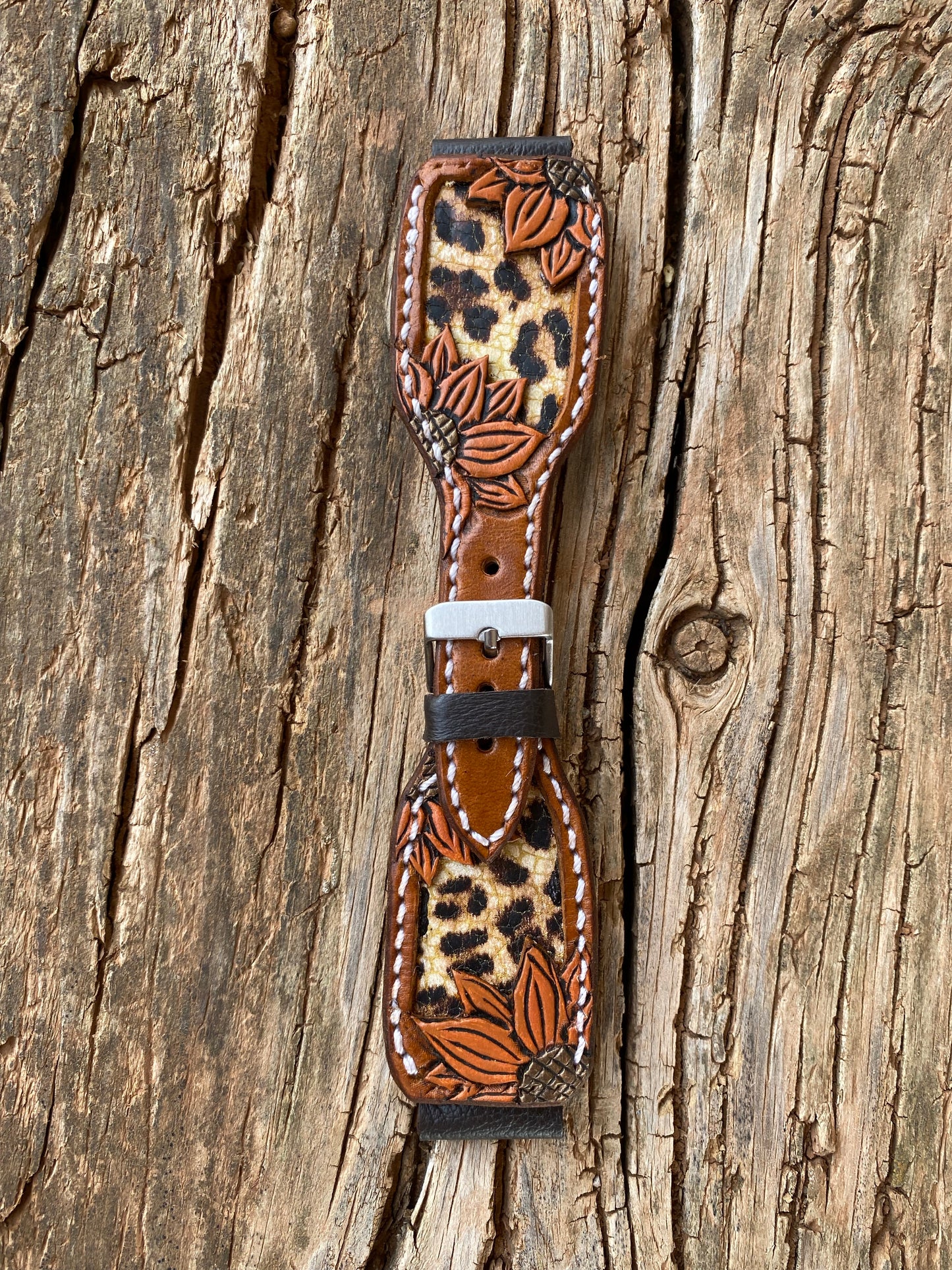 Tooled Orange Sunflower Watchband with leopard Inlay