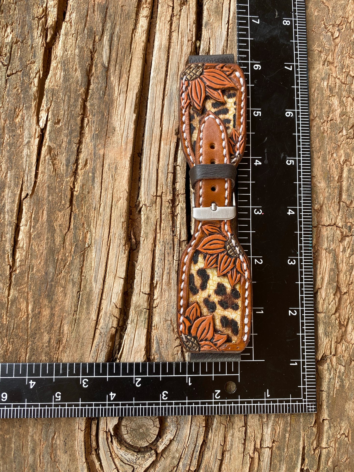 Tooled Orange Sunflower Watchband with leopard Inlay