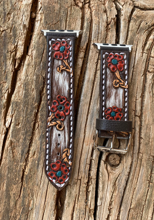 Red and Turquoise Floral Tooled 42/44mm Apple Watchband with Red and White Cowhide Inlay