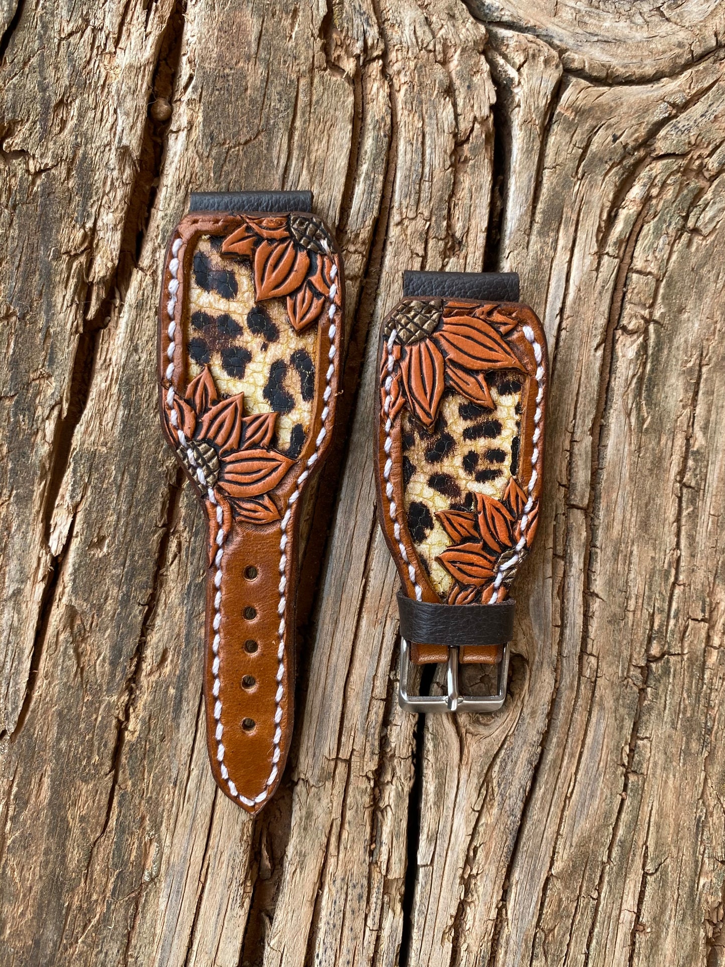 Tooled Orange Sunflower Watchband with leopard Inlay